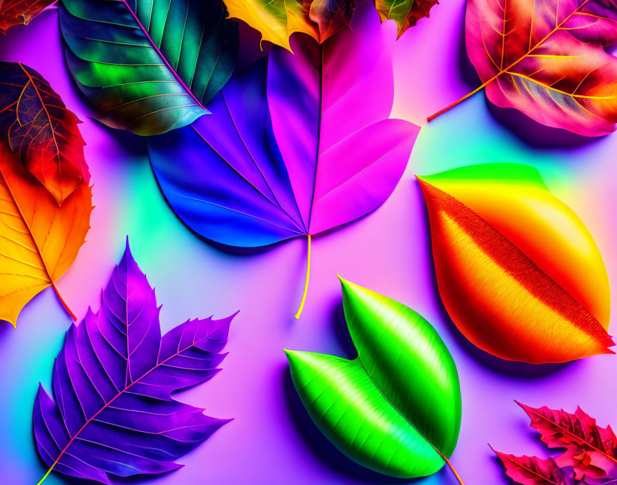 Colorful Leaves on Purple Gradient Background: Blue to Red Varieties