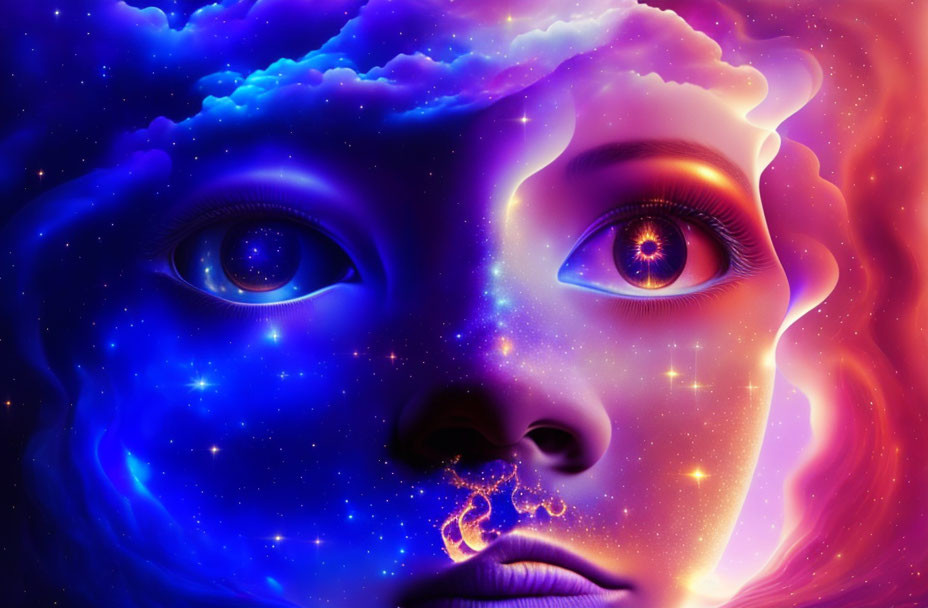 Cosmic digital artwork: Female face with galaxy silhouette