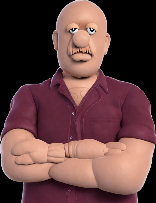 Bald Cartoon Character with Big Nose and Mustache in Red Shirt