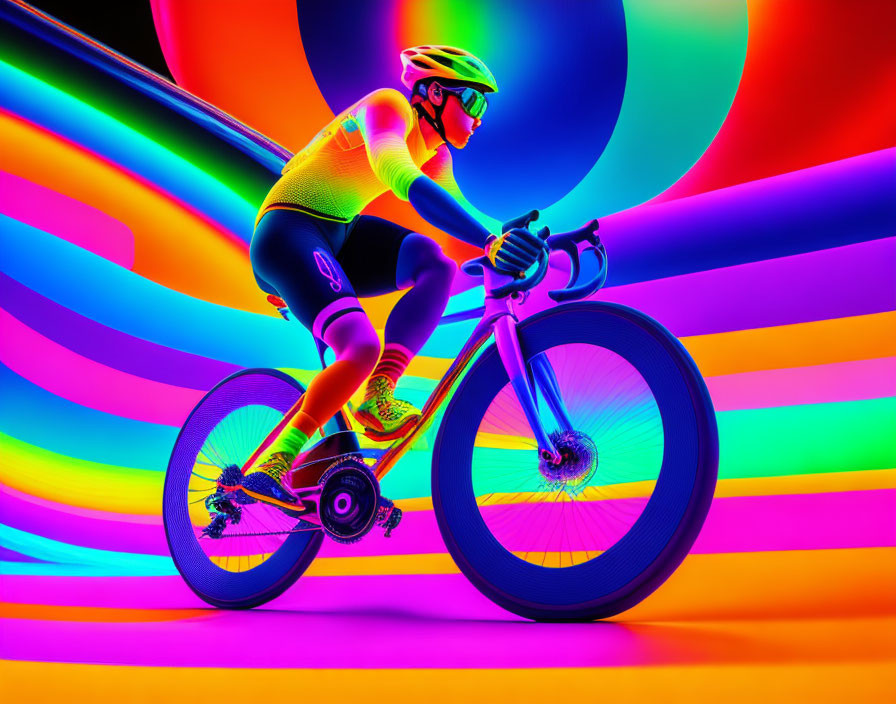 Colorful cyclist in vibrant sportswear against vivid, multi-colored backdrop