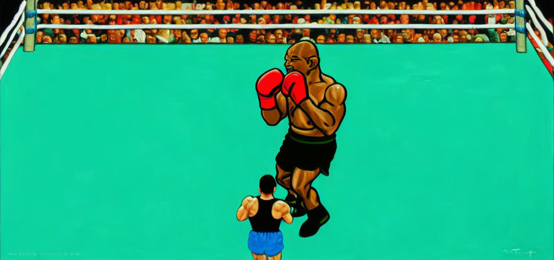 Stylized boxers in ring with crowd: one in blue shorts, one in black