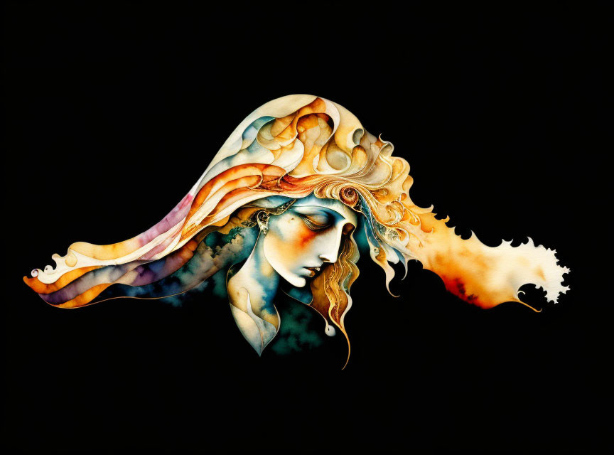 Vibrant watercolor painting: Woman with flowing hair merging into flames on dark backdrop