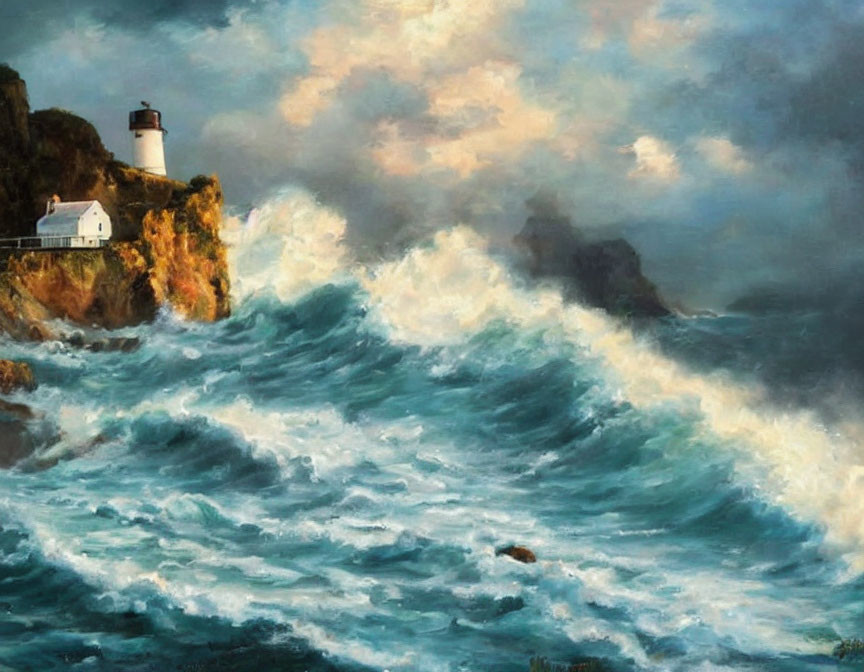 Stormy Sea Painting: Waves Crashing on Cliffs, Lighthouse, House, Cloudy Sky