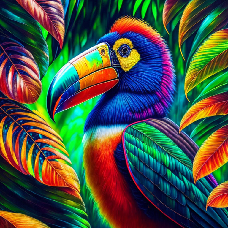 Colorful Toucan with Rainbow Beak in Tropical Setting