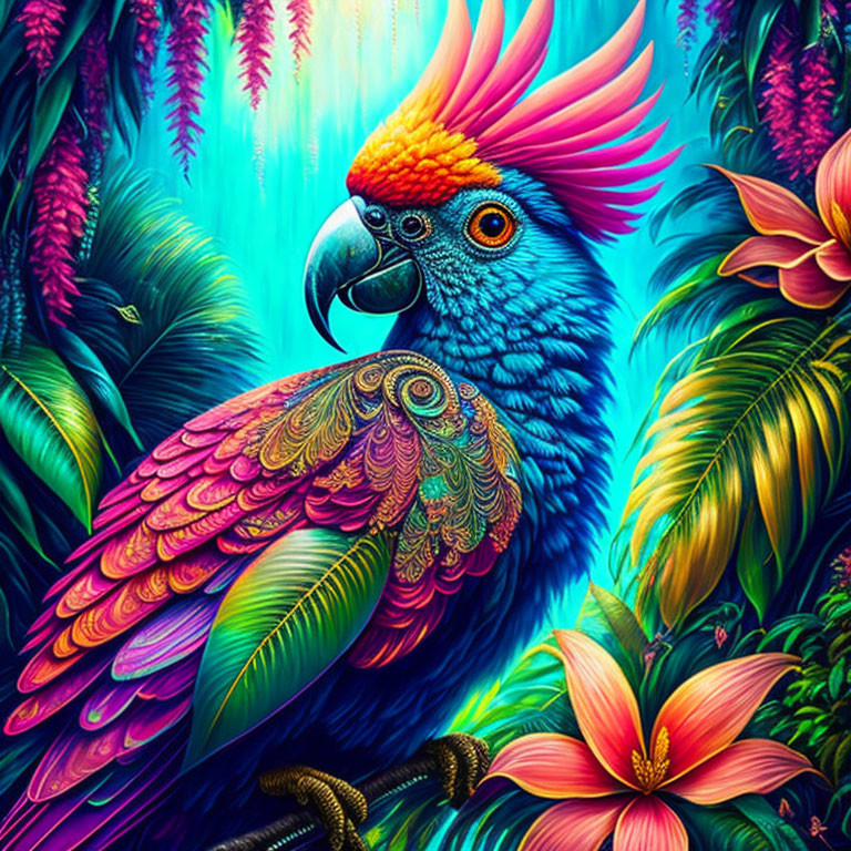 Colorful Blue Parrot Illustration Among Tropical Flora with Intricate Feather Details