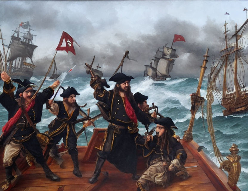 18th-Century Pirates in Sea Battle with Swords and Pistols