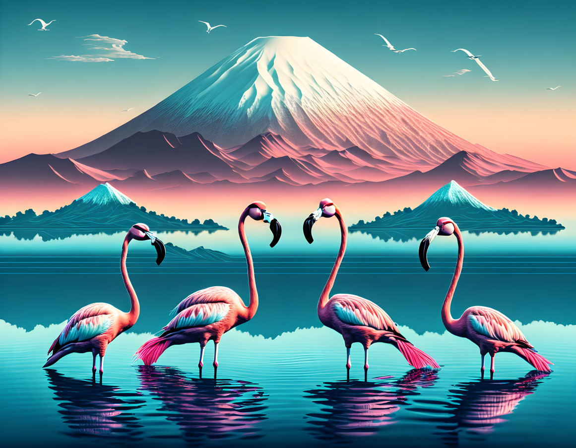 Pink flamingos in water with Mount Fuji and birds in pastel sky