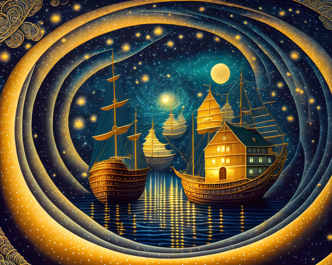 Sailboats on a starry night with celestial bodies and swirling patterns