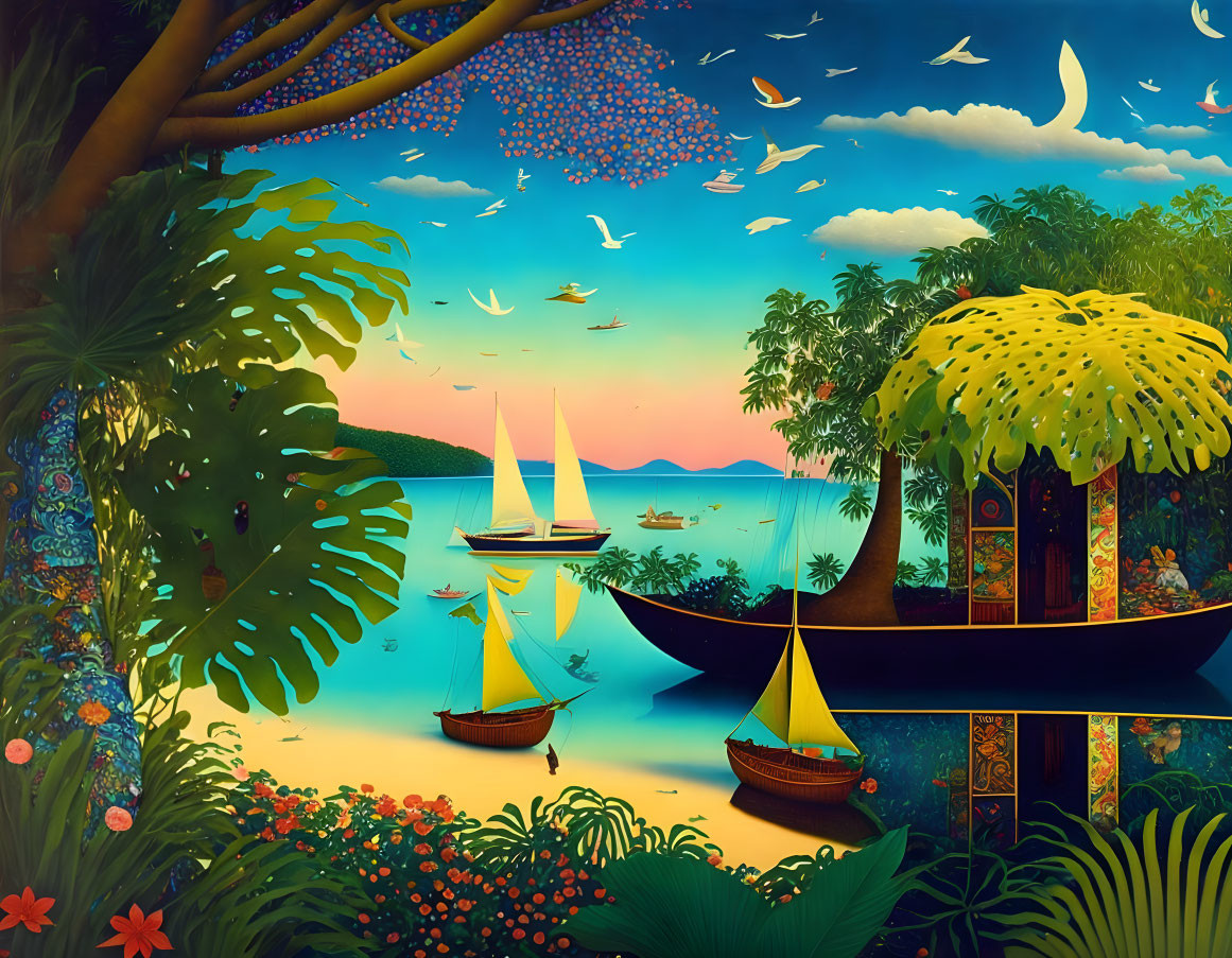 Colorful sunset landscape with sailboats, straw-roofed boat, and birds.