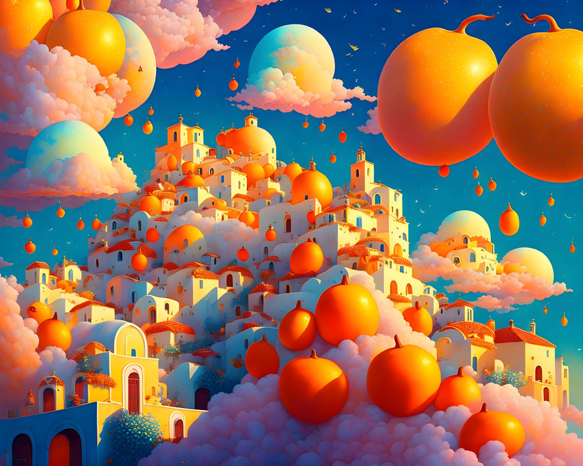 Colorful landscape with floating spheres and oversized fruits above a cloud-covered village