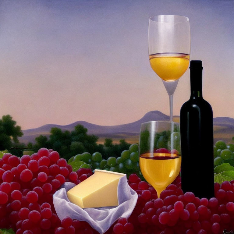 Classic Still Life Painting with Red Grapes, Cheese, Wine Bottle, and Glasses