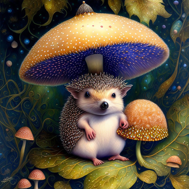 Illustration of hedgehog under blue mushroom in fantastical forest