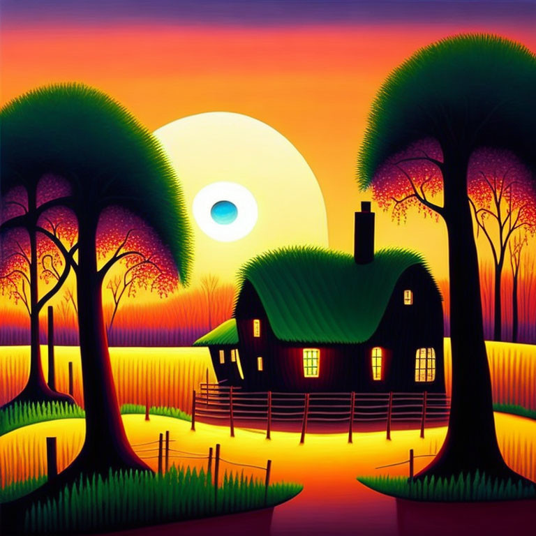 Colorful painting of cozy cottage at sunset among trees