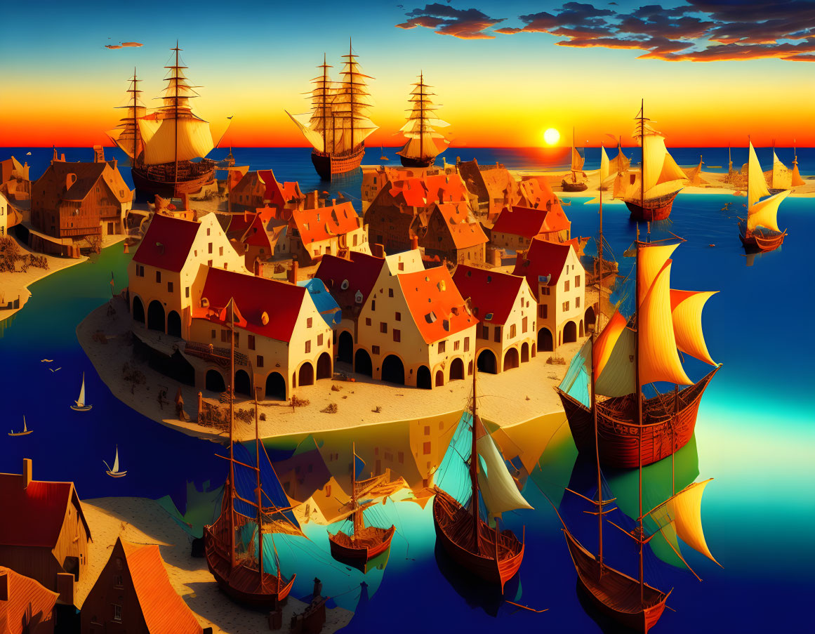 Historical coastal town harbor scene at sunset with tall ships and colorful buildings