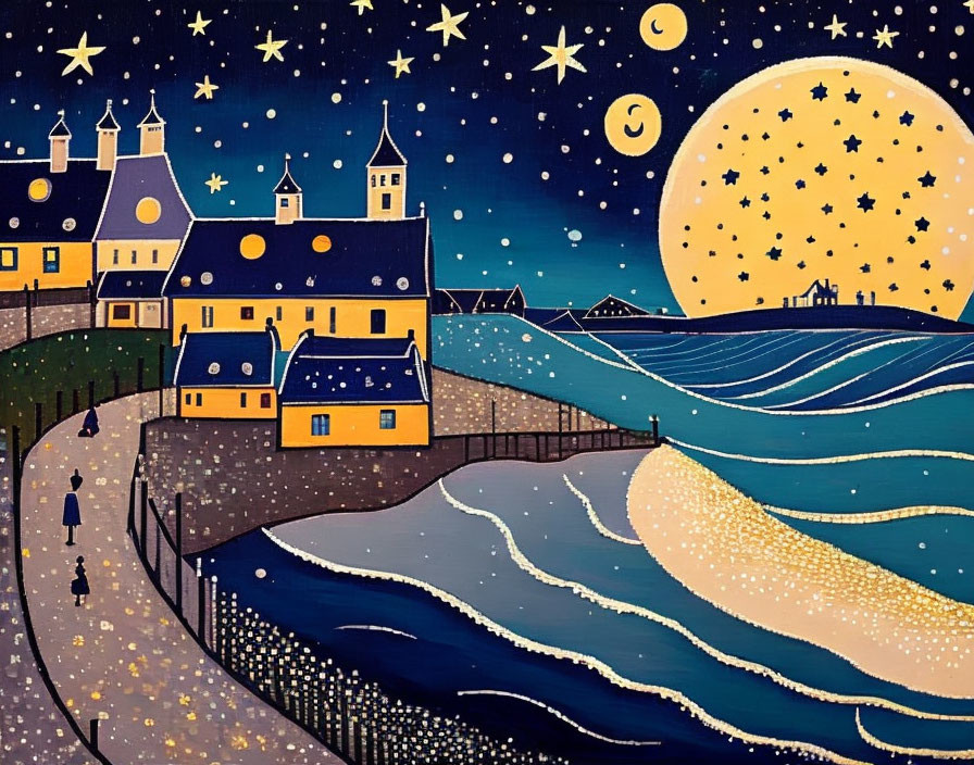 Whimsical nightscape painting with yellow moon, star-filled sky, houses, person, and bridge