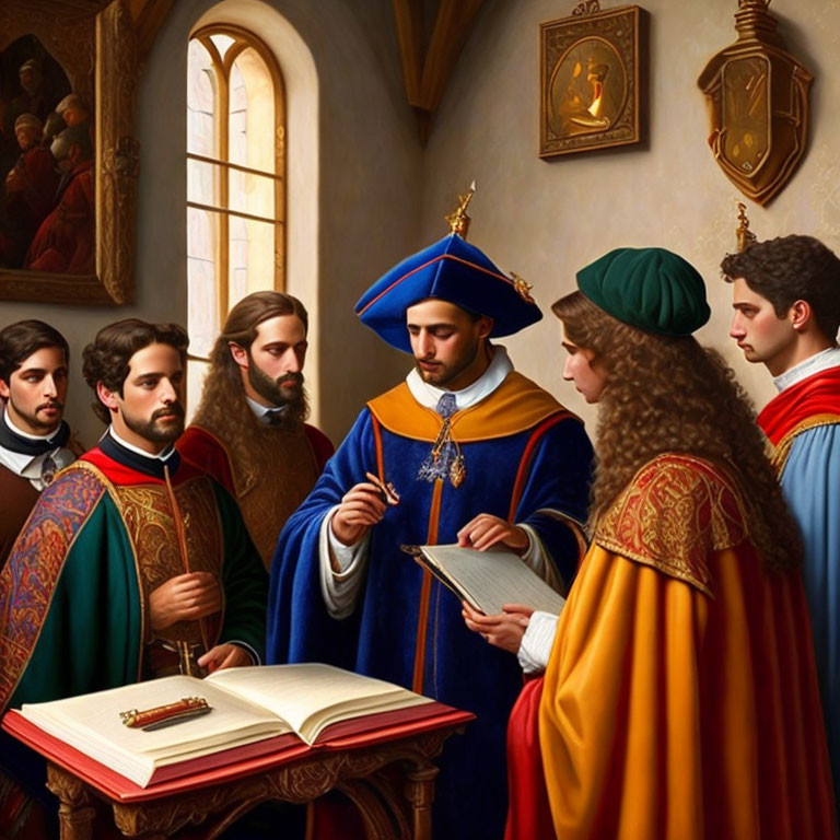 Renaissance scholars in ornate room discuss open book