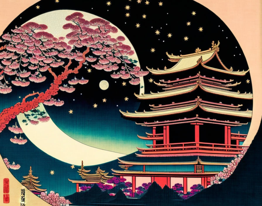 Japanese Woodblock Print: Pagoda & Cherry Blossom Under Night Sky