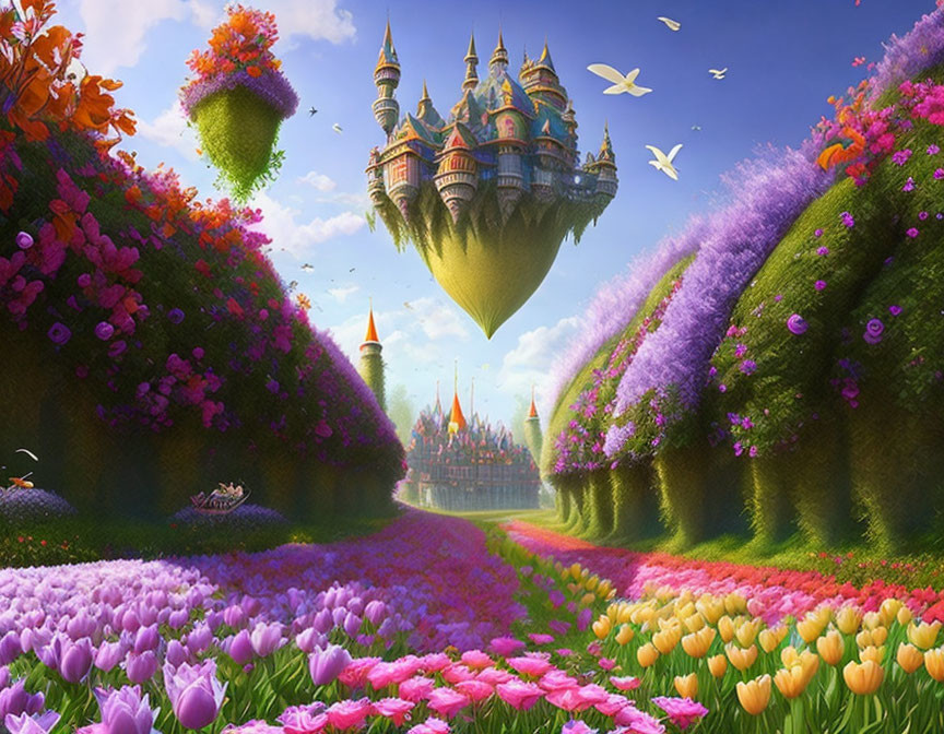 Colorful fantasy landscape with floating castle, tulips, green hills, and birds.