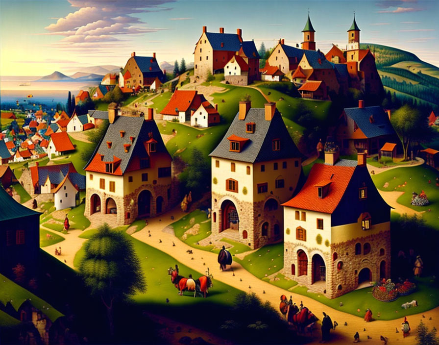 Picturesque village with vibrant houses, castles, greenery, and horses under golden light