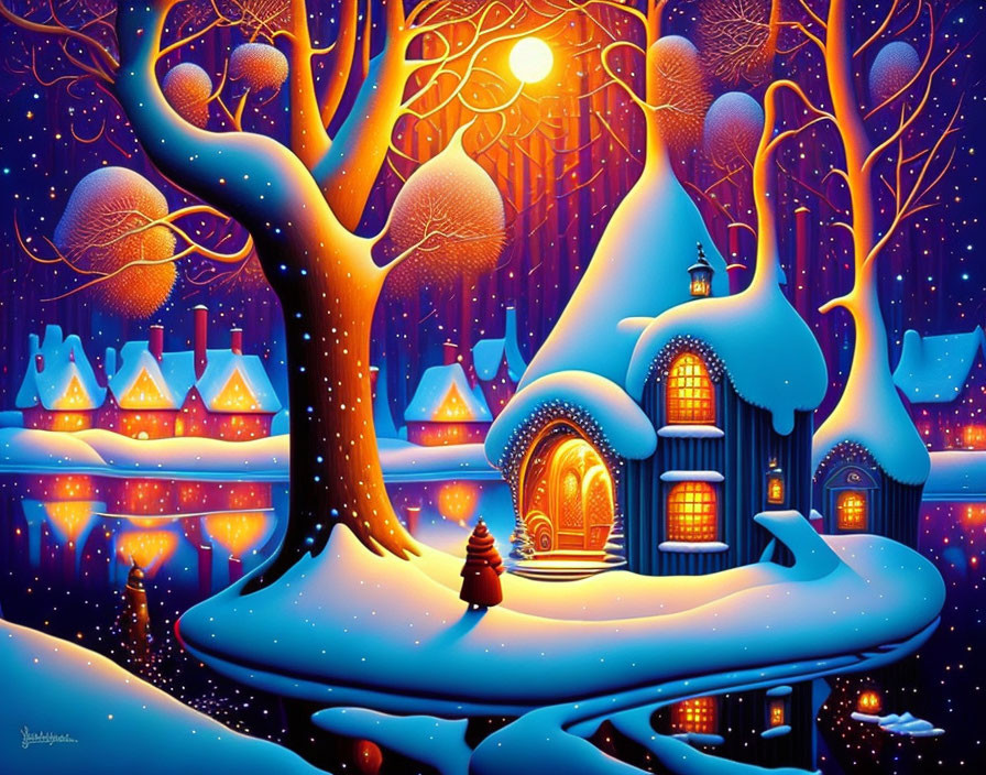 Whimsical winter landscape with blue houses, glowing moon, snow-covered trees, and solitary figure.