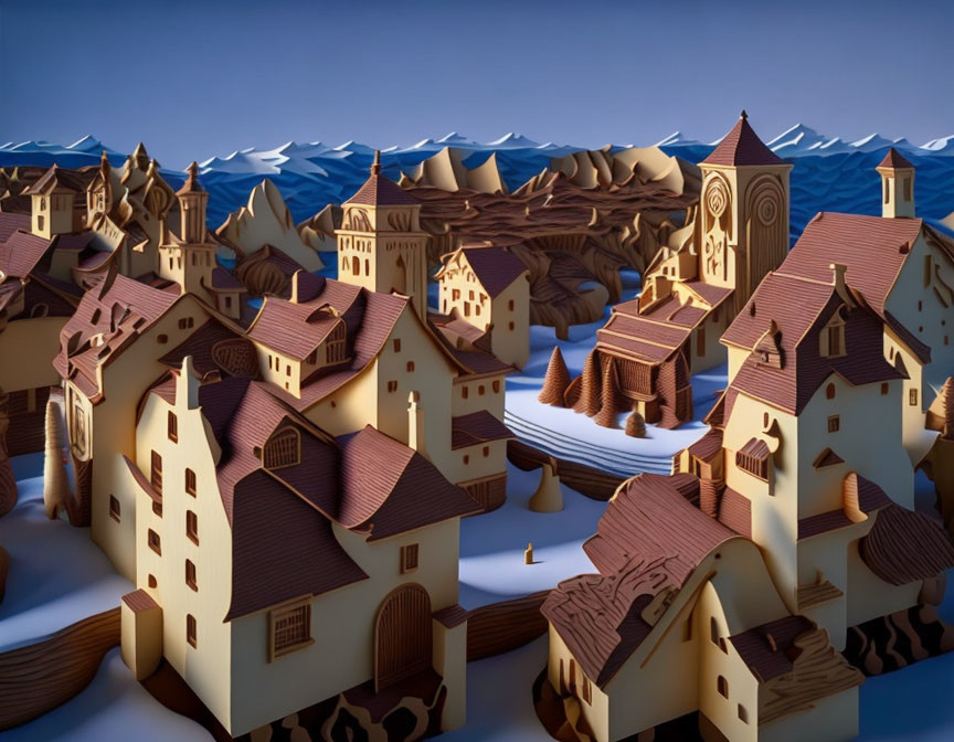 3D-rendered alpine village with exaggerated architecture and warm light