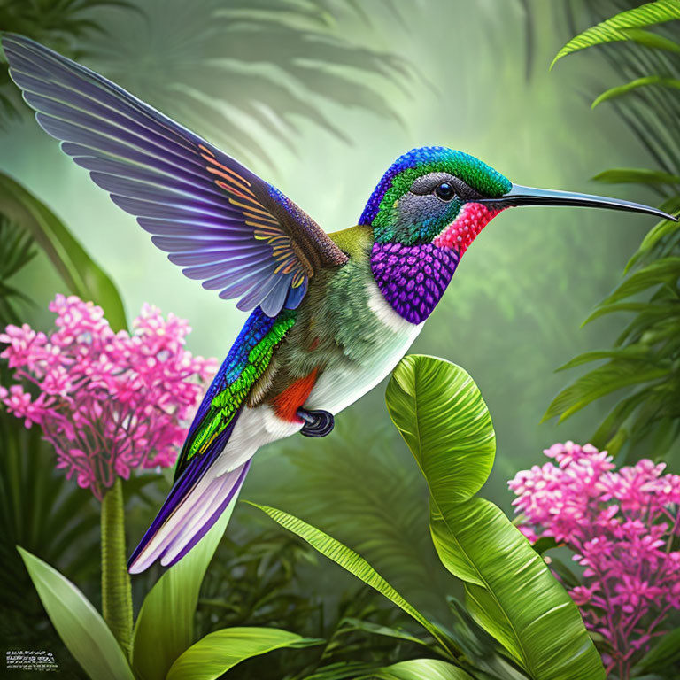 Colorful hummingbird in lush greenery and pink flowers