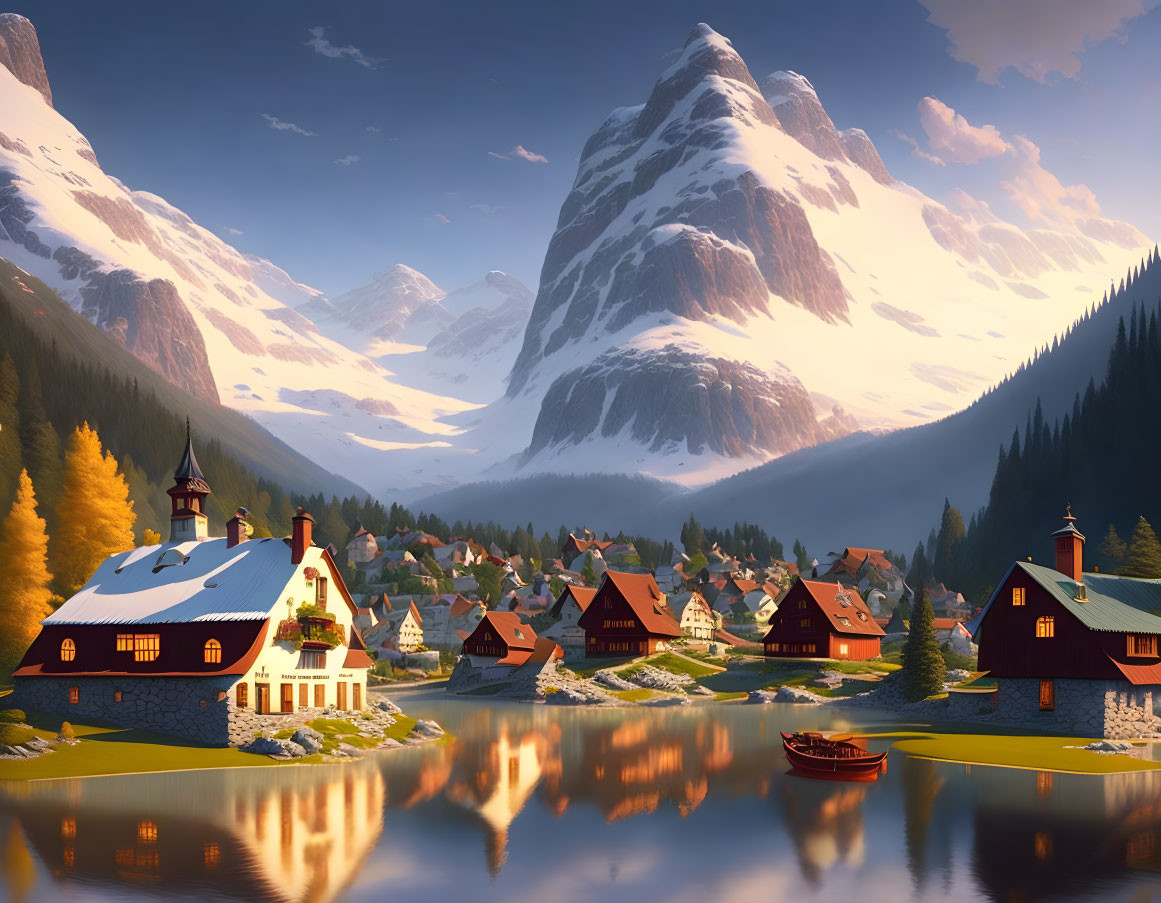 Scenic village by reflective lake, snow-capped mountains, golden sky