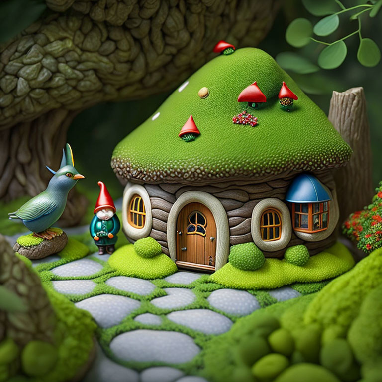 Illustration of fairy-tale house with mossy roof, round door, gnome, and bird.