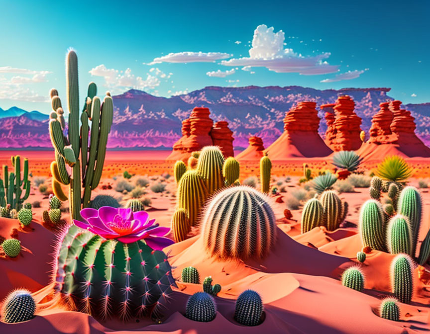 Colorful desert landscape with cacti and rock formations under blue sky