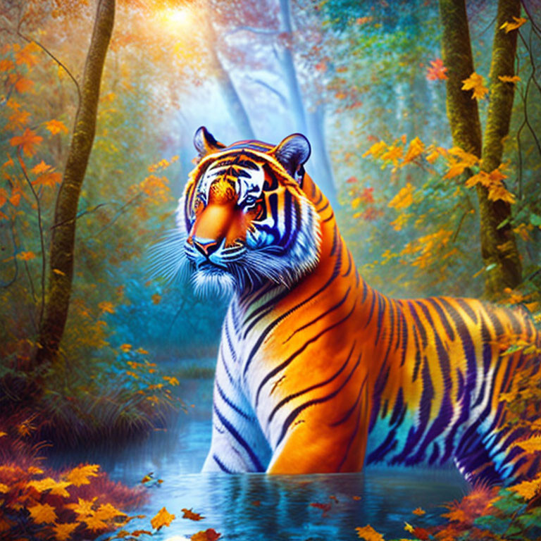 Colorful Tiger Rests in Autumn Forest by Water Body