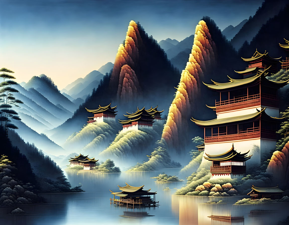 Traditional Chinese architecture with pagodas and misty karst mountains by a calm lake