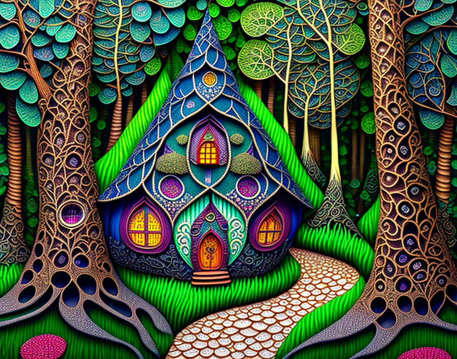 Colorful Fairy-Tale House in Intricate Forest Setting