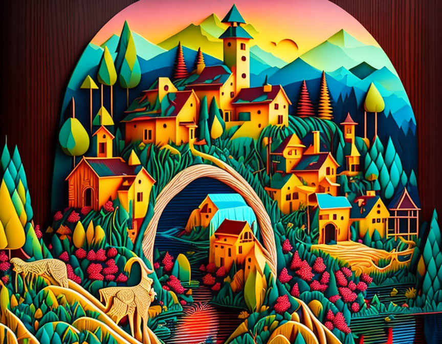 Colorful village scene with leopard in circular frame