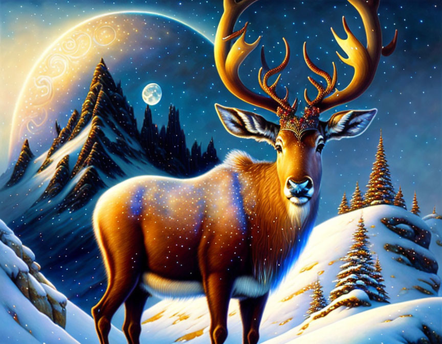 Majestic stag with luminous antlers in snowy night landscape