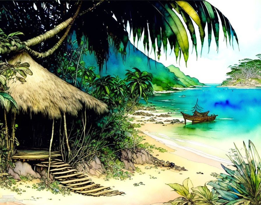 Tranquil beach scene with thatched hut, palm leaves, traditional boat, and lush greenery