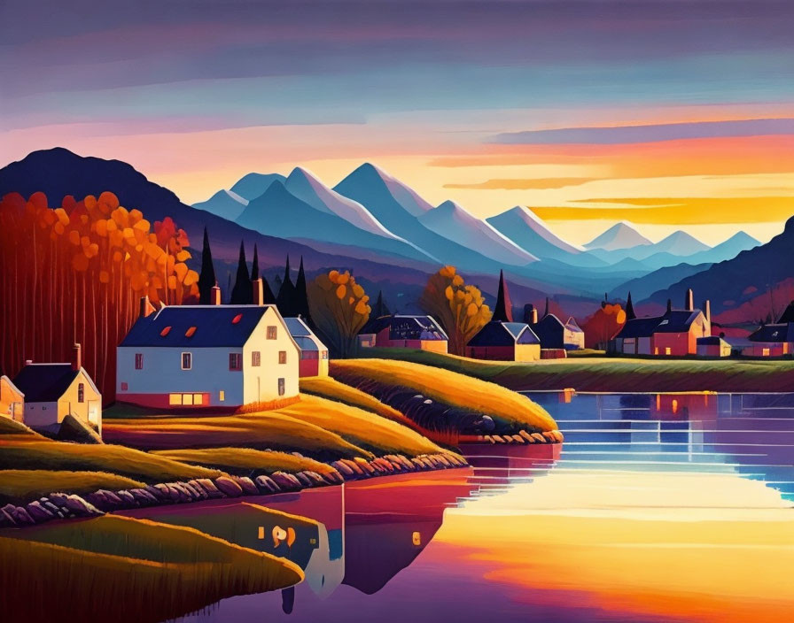 Stylized sunset village artwork with reflections, mountains, and autumn trees