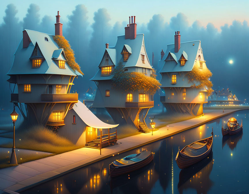 Whimsical canal houses with boats under twilight ambiance