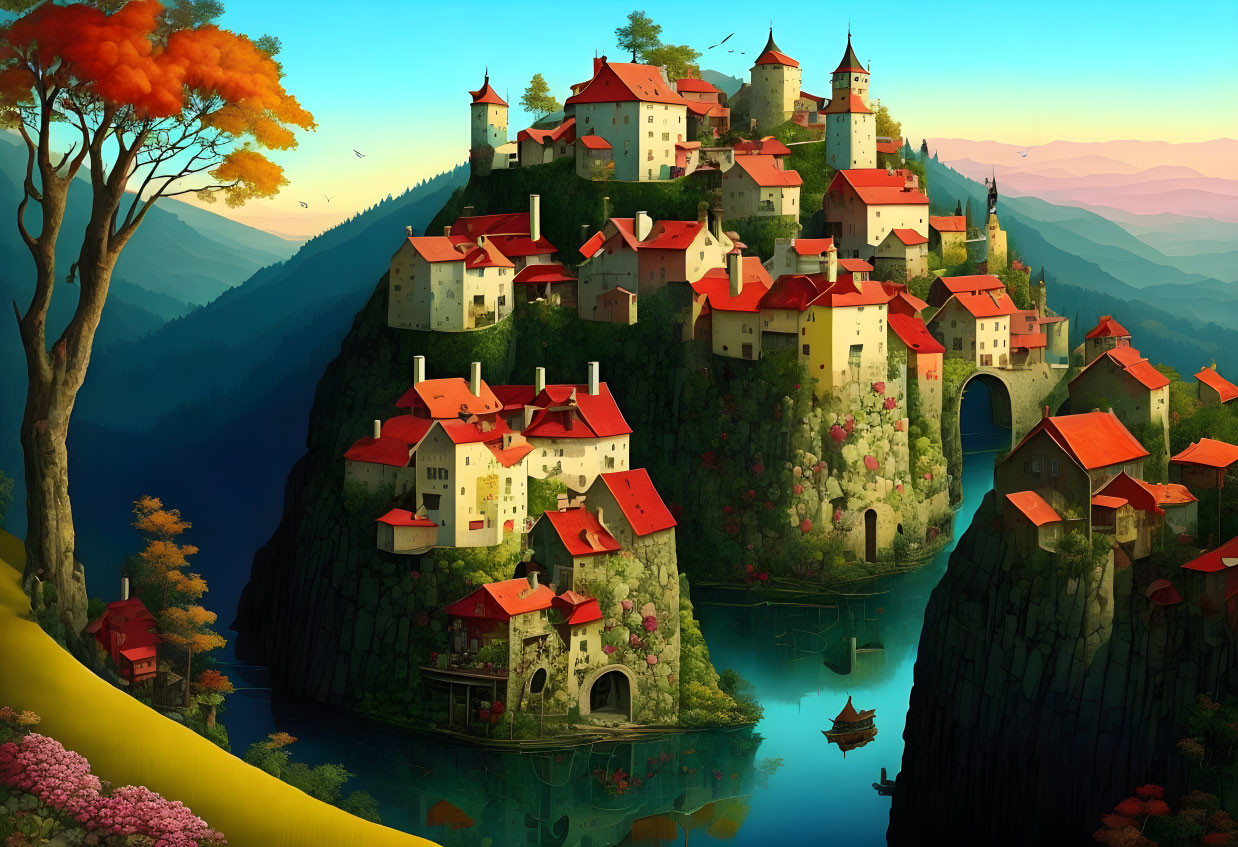 Fairytale village on rocky cliffs with medieval-style houses and serene river at dusk