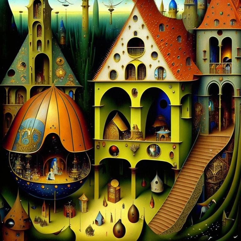 Imaginative, vibrant painting of colorful town with whimsical architecture