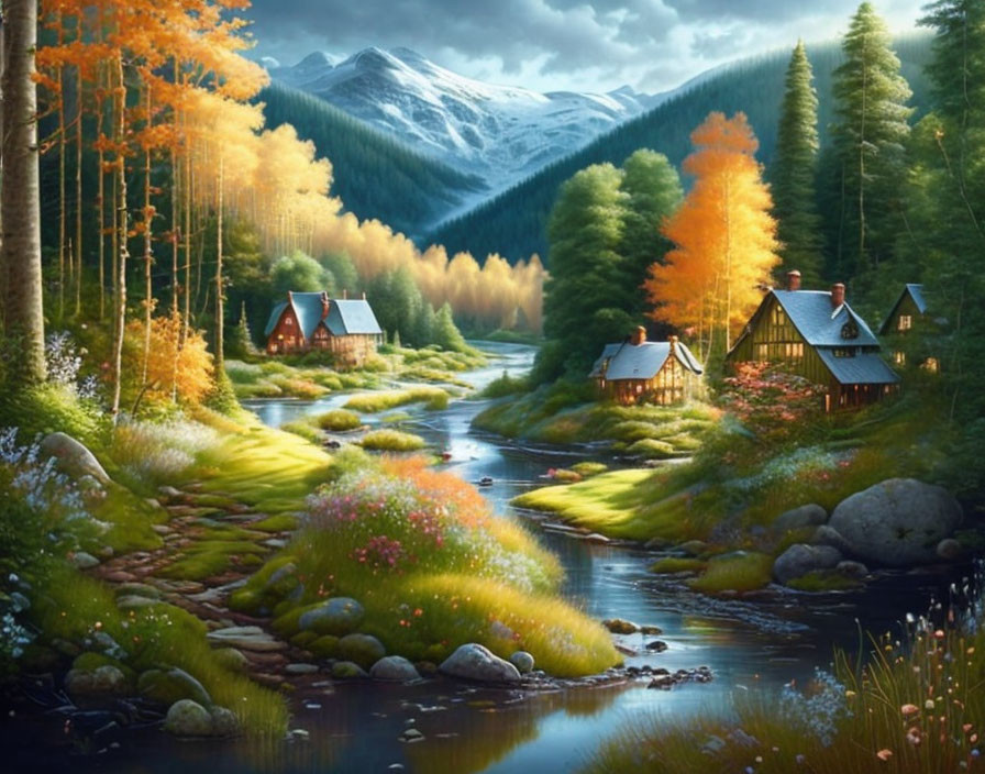 Tranquil autumn landscape with river, cottages, mountains