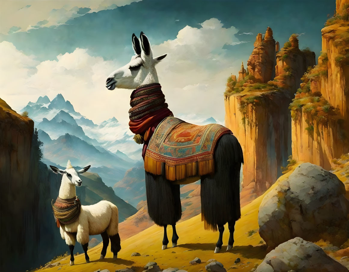 Llamas with South American adornments on mountain terrain