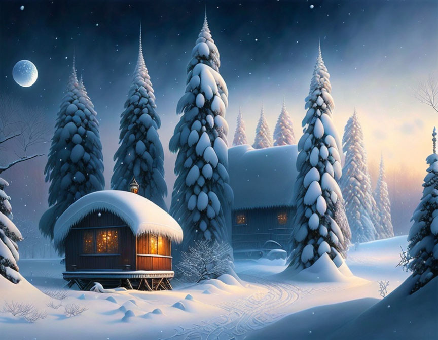 Snowy Pine Trees Night Sky Cabin Crescent Moon Scenery