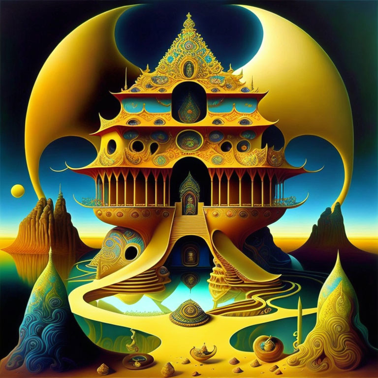 Surreal golden temple with crescent moon and mountains in vibrant illustration