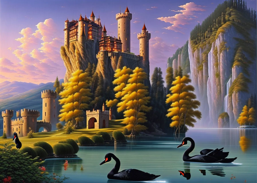 Castle on Cliff Overlooking Lake with Swans and Waterfalls