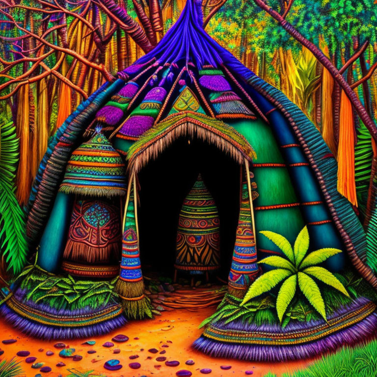 Vibrant tribal hut illustration in lush forest setting