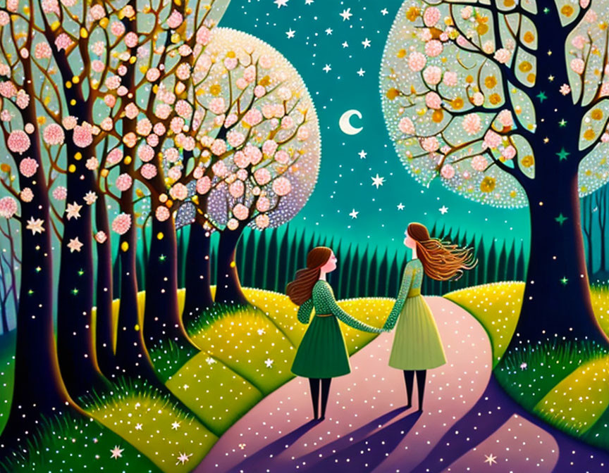 Stylized female figures in dresses on whimsical path under starry sky