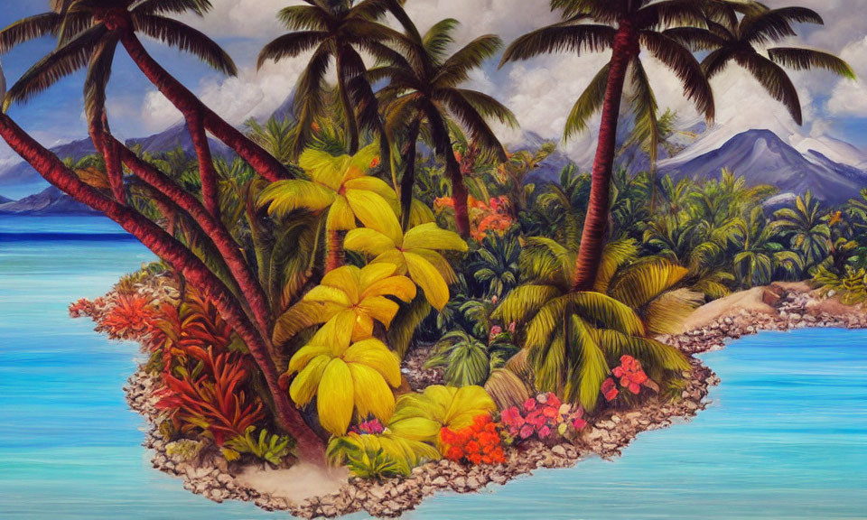 Tropical beachscape painting with palm trees, volcano, and blue sea