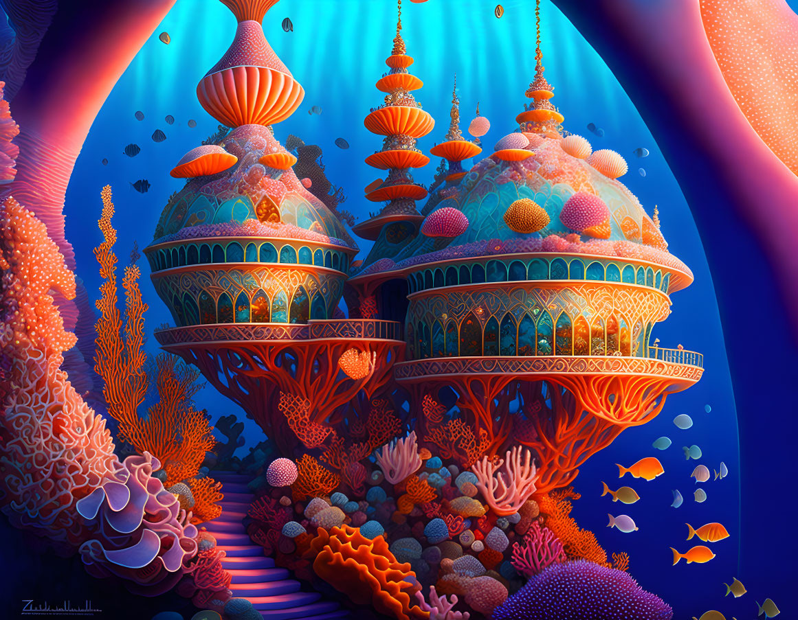 Vibrant underwater fantasy scene with jellyfish-like architecture and colorful marine life