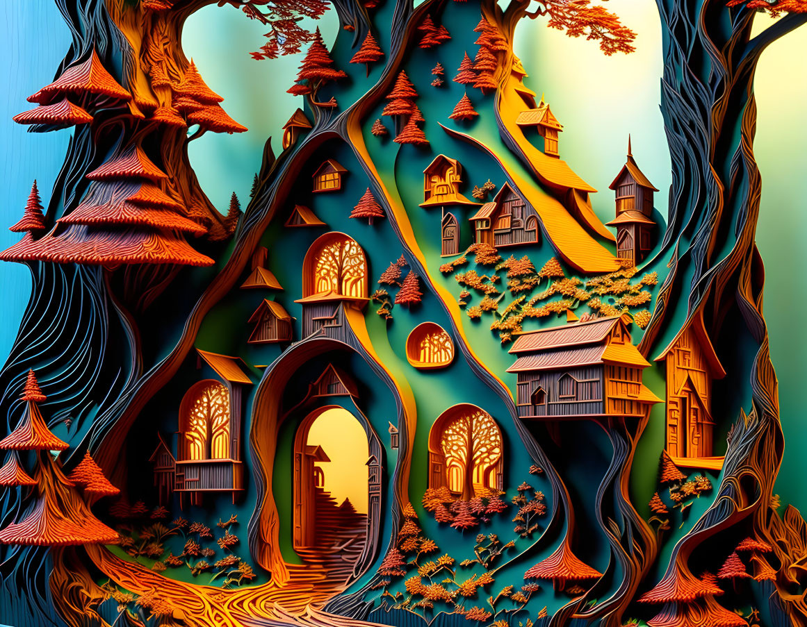 Colorful digital artwork: Whimsical tree village with intricate houses and autumn foliage