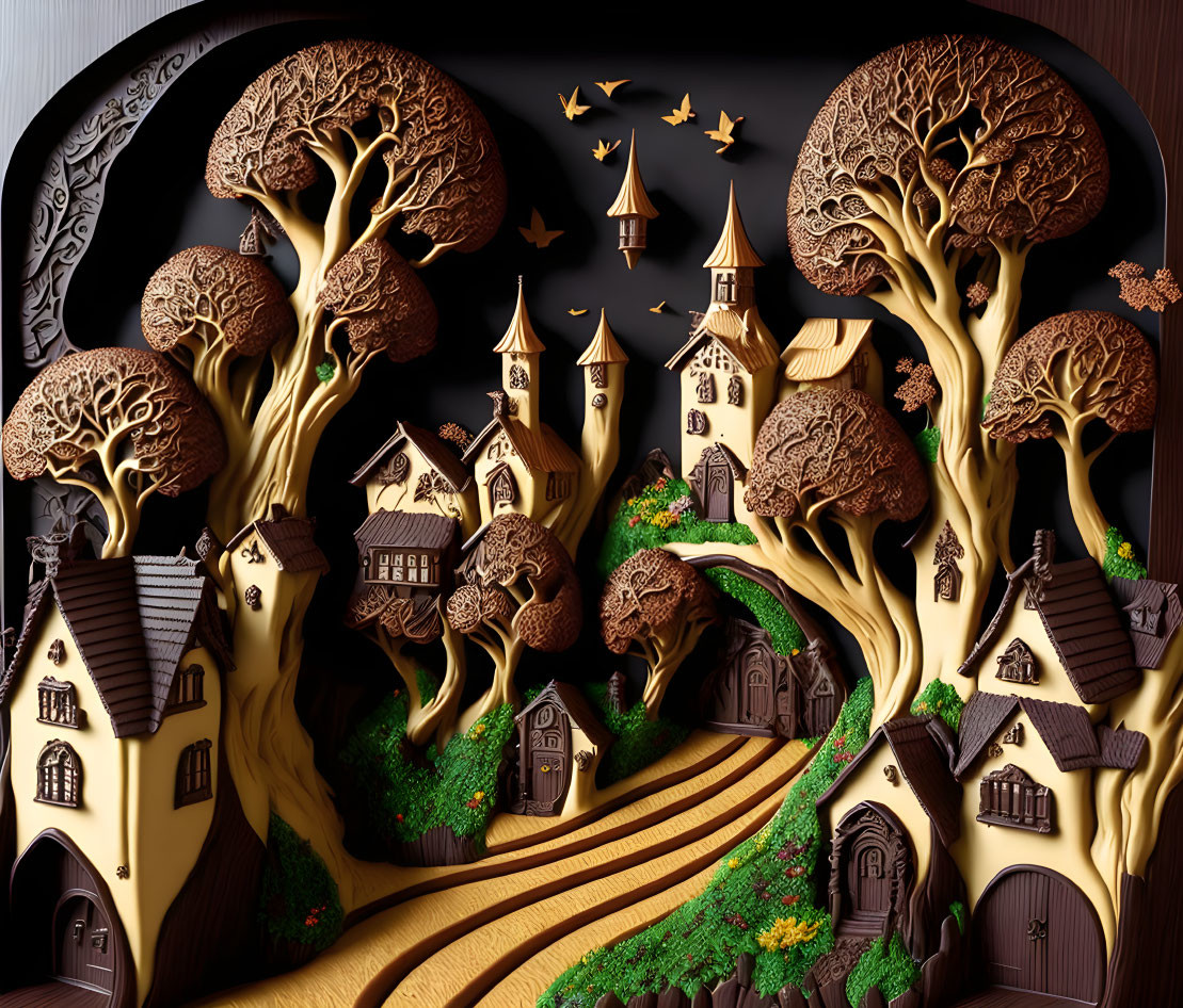 Intricate paper art of whimsical village in warm tones